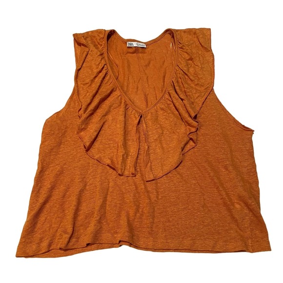 Zara Tops - Zara Burnt Orange Ruffle V Neck Linen Blend‎ Sleeveless Tank Top Boho Summer i1